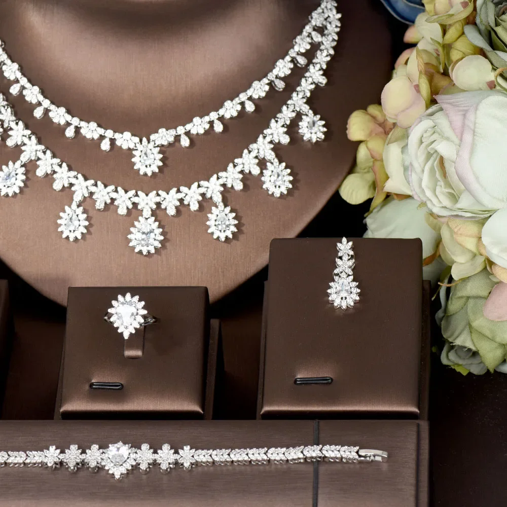 Moda coreana due strati impilati fiore collana pendente orecchini gioielli donne set nuziale festa cena vestito accessori Q-46