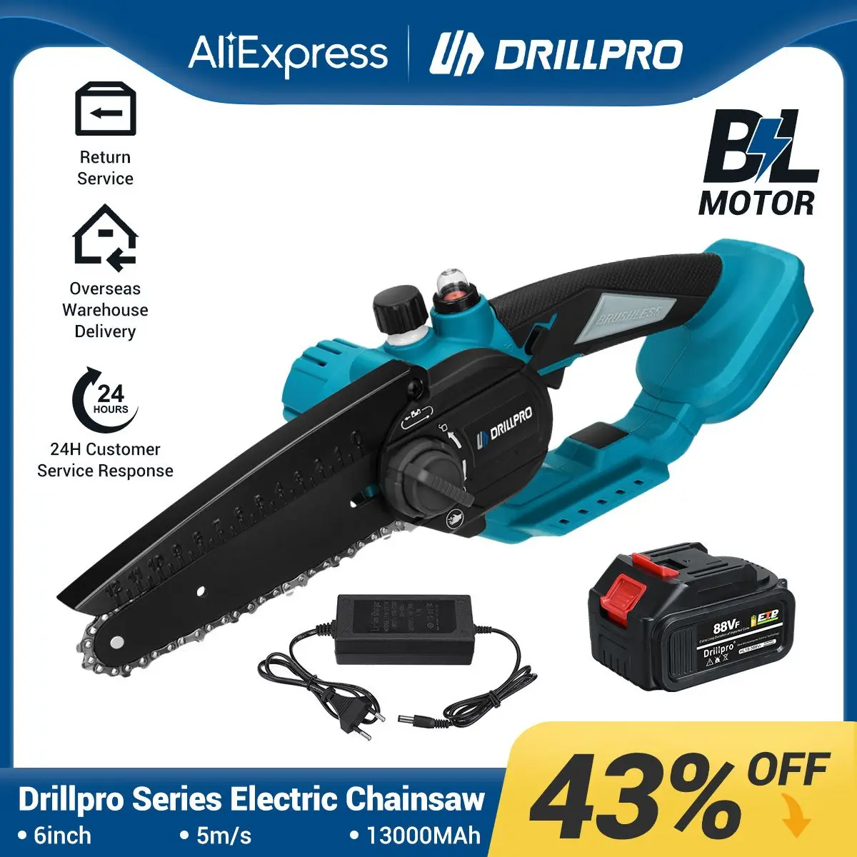 

Drillpro 6 Inch Brushless Electric Chainsaw with Oil Tank Variable Speed Chain Saw Woodworking Power Tool for Makita 18V Battery