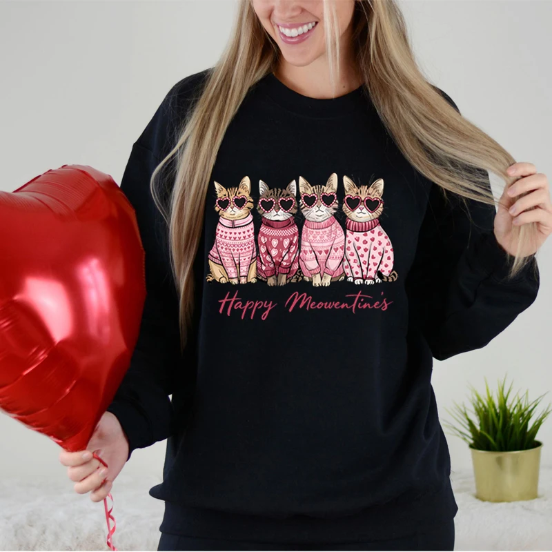 Happy Meowentine's Valentine Cat Print Sportwear Fashion Hoodie Hip Hop Street Ladies Pink Cat Autumn Clothing Hoodie for Women