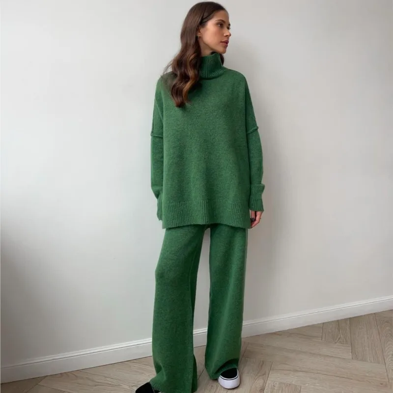 Turtleneck Sweater Suit For Women European And American Autumn And Winter New Loose Casual Lazy Thickened Knitted Trousers Suit