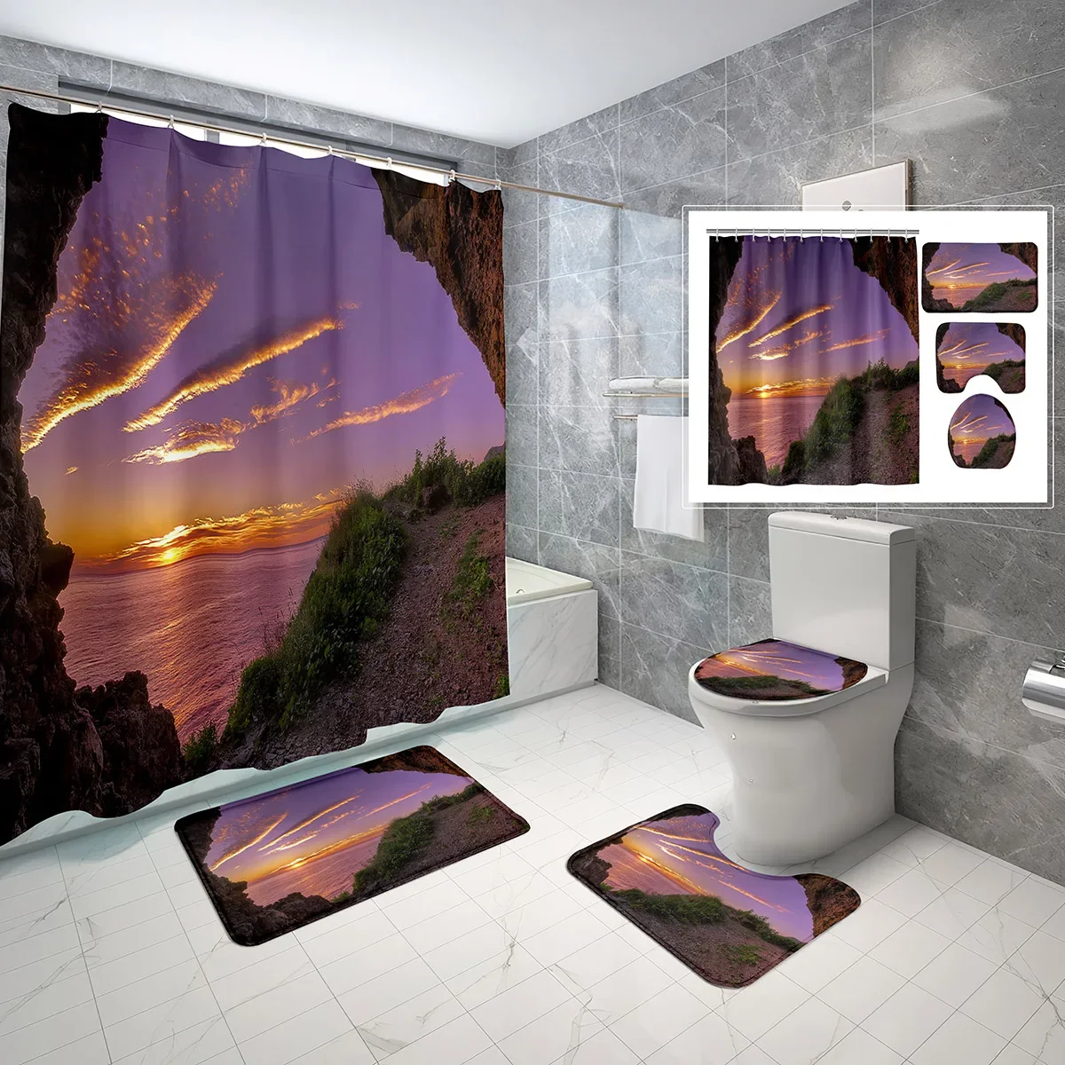 

Coastal Cave Shower Curtain 4 Pcs Set Sunset Nature Rock Sunlight Non-Slip Bath Mat Toilet Cover Waterproof Shower Curtain Set