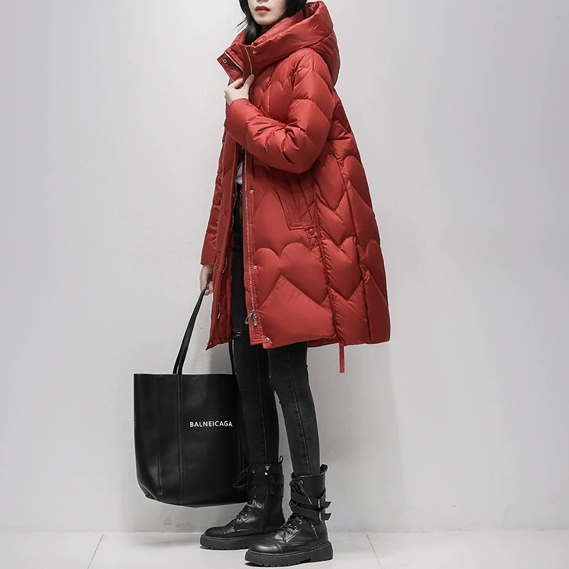 黒色の中長丈ダウンジャケット レディース 2026年冬新作 韓国版 90%ホワイトダックダウン ファッション フード付き 厚手パーカーコート