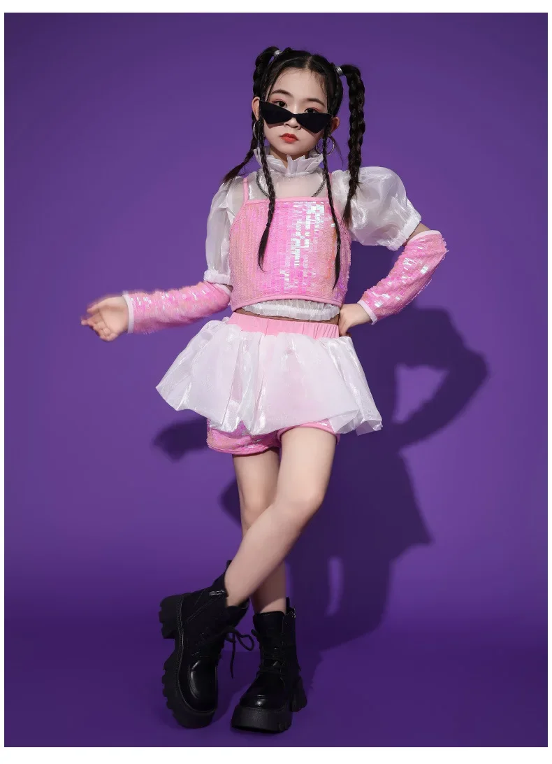 Pailletten-Jazz-Tanzset für Mädchen, Hip-Hop-Bühnenoutfit, Laufsteg-Show-Kostüm mit Glitzer für Kinder und Teenager, Tanzwettbewerbskleidung – Detail 9