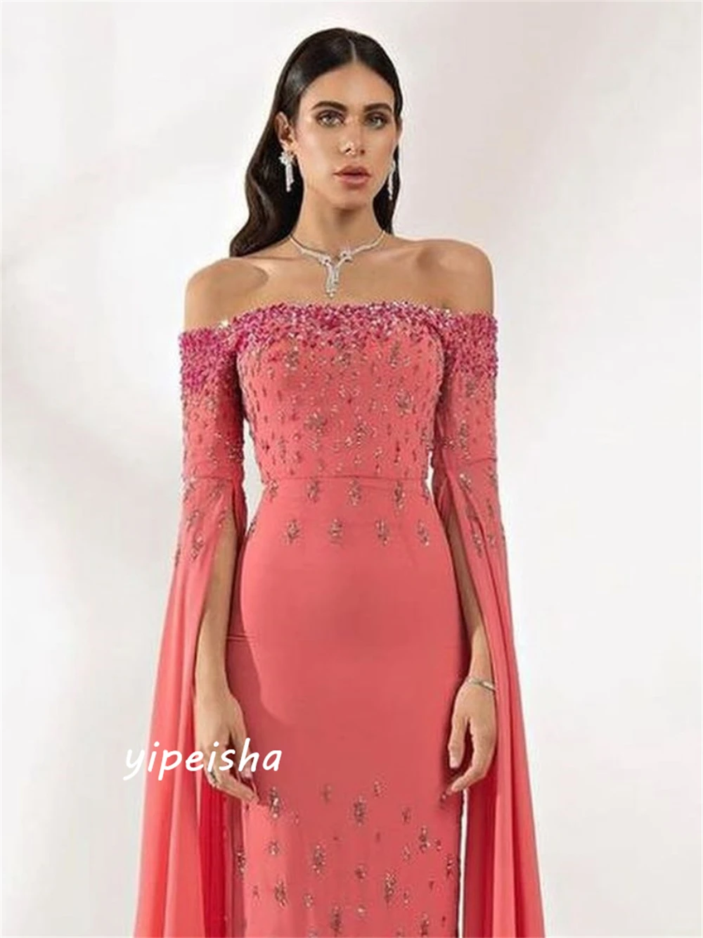 Customized  Matching Exquisite Off-the-shoulder Sheath Beading Paillette / Sequins Chiffon Evening Dresses