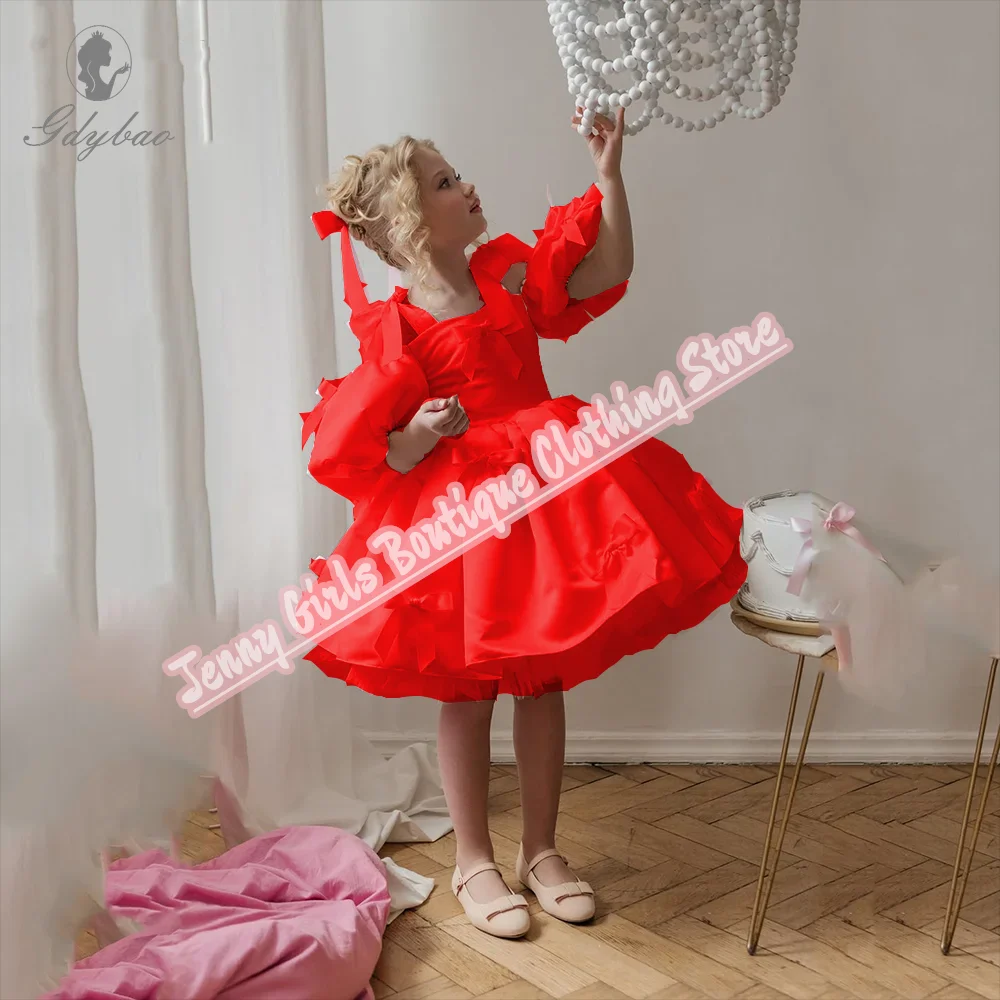 White Satin Wedding Elegance Flowers Girl Dress Bow Beauty Pageant Ball Party Birthday Evening Party Communion Princess Gowns