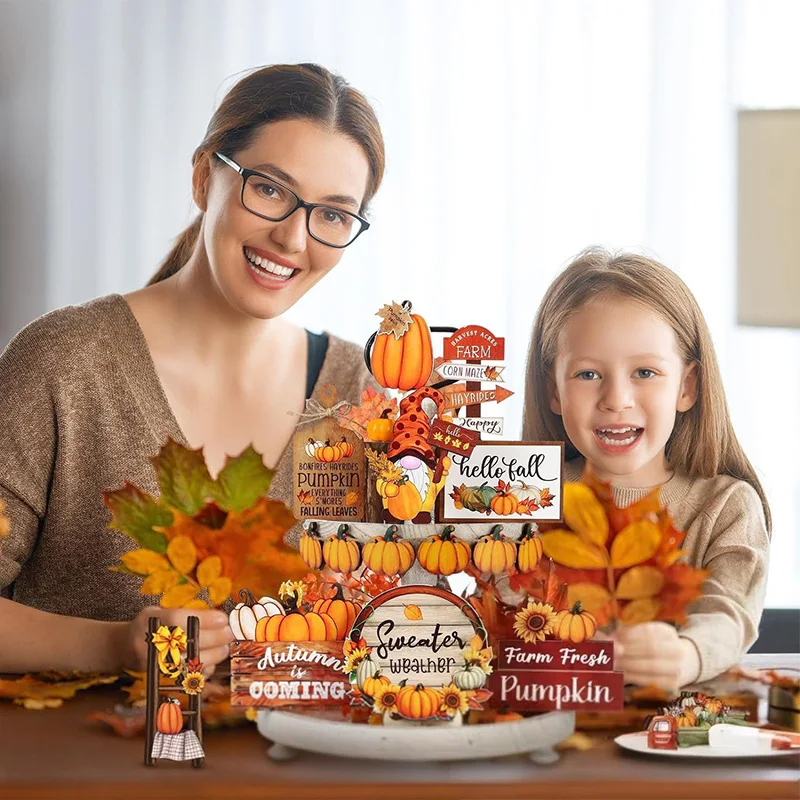 Bandeja escalonada de madera para decoración de escritorio, centros de mesa con especias de calabaza y detalles de hoja de arce, temporada de otoño