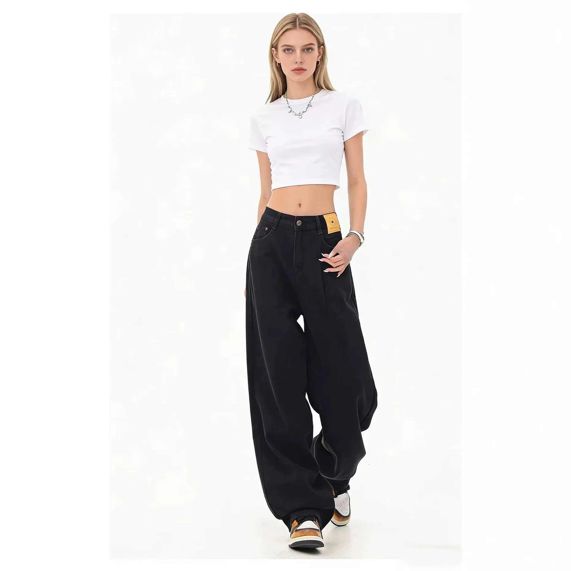 New Fashion Four Seasons Women Black Solid Color Simple Basic Floor Length Casual Trendy Plus Size Denim Trouser Female Jeans