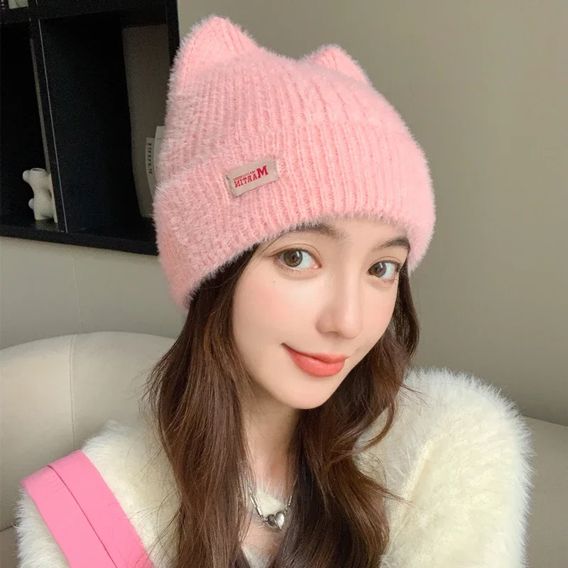 

New Women Cute Cat Ear Earflap Winter Hat Fashion Faux Fur Knitted Hat Kpop Style Soft Beanie Hats Candy Female Streetwear Cap