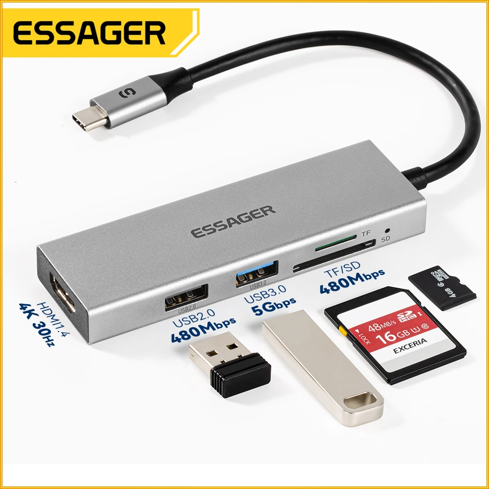 Essager 5 in 1 USB Type C HUB USB C to HDMI-compatible USB 3.0 2.0 SD TF Card Reader For Laptop Computer Dock Station Splitter