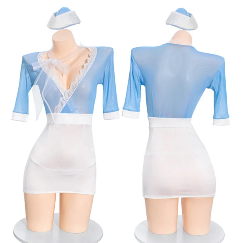 

Sweet Air Route Deep V Stewardess Uniform Cosplay Costume Flight Attendant Suit Role Play Outfit Women Underwear Girl Nightwear