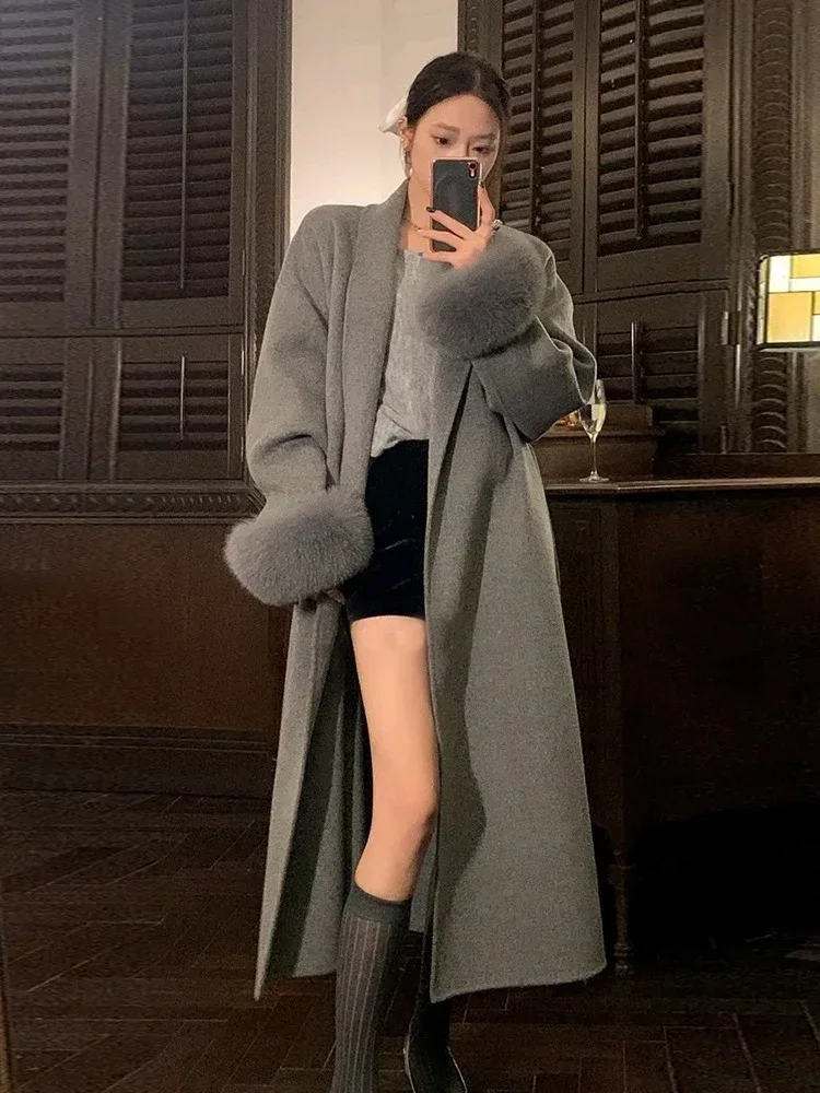

Reality Fur Jacket Women Winter Spring Wool Blend Coat Lady Strap Autumn Long Sleeves Loose Wool Coat Furry Sleeve Real Fur