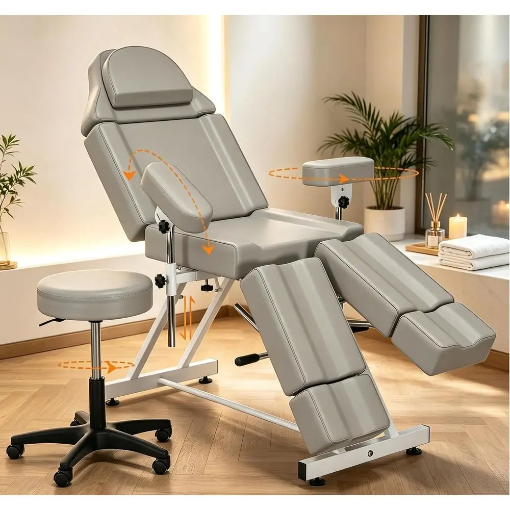 Adjustable Armrests Spa Bed with Split Legs, 0-65° Recline, PU Leather, Ideal for Tattoos, Facials, and Waxing