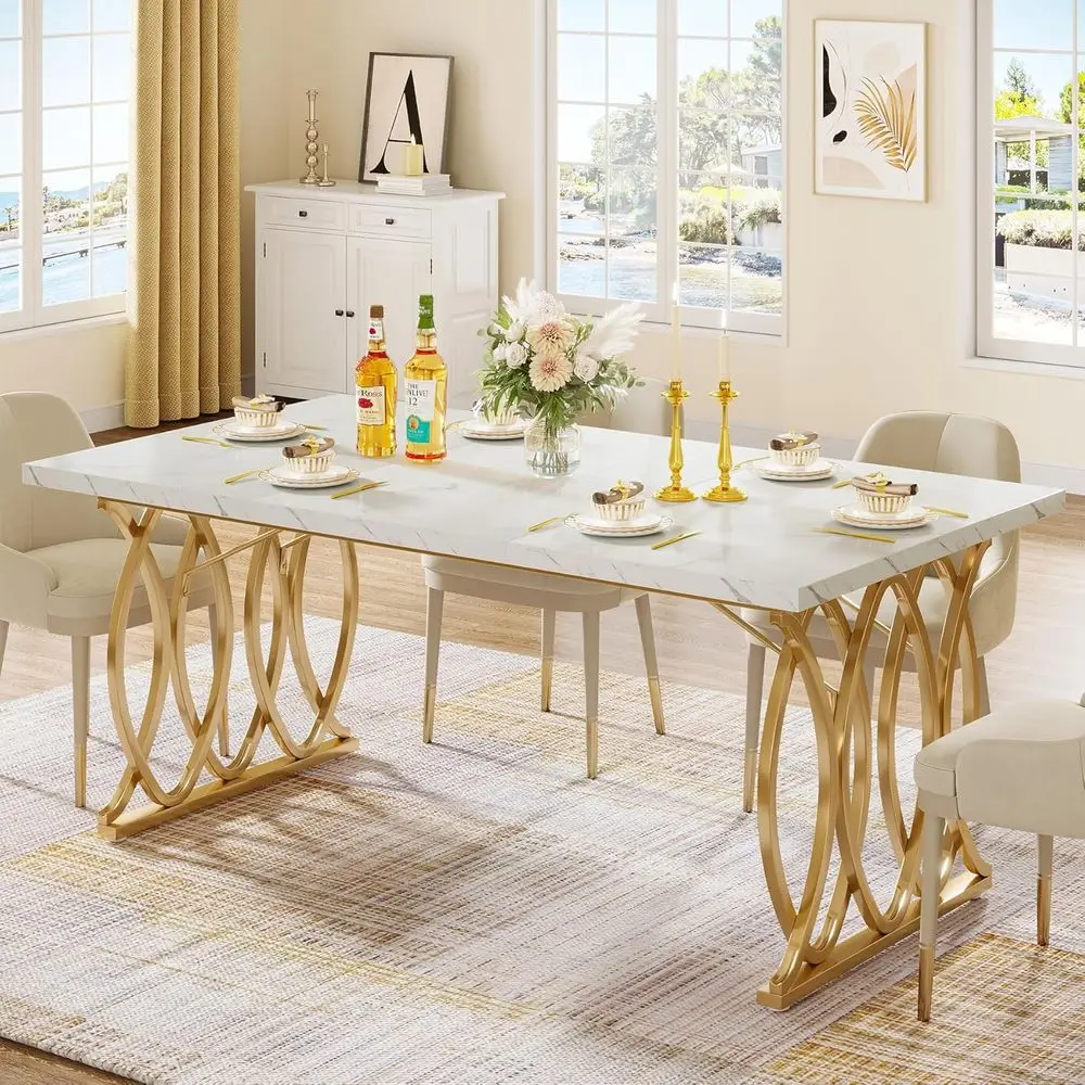 Dining Table, 63 Large Kitchen Table for 4-6 People, Unique Rectangular Dinner Table Kitchen & Dining Room Furniture with Marble