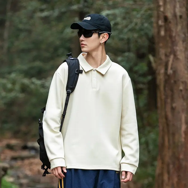

Men's Autumn Winter Long-Sleeved Cotton Solid Polo Pullover Sweater with Lapel Casual Bottoming Sweater Baggy Streetwear Tops