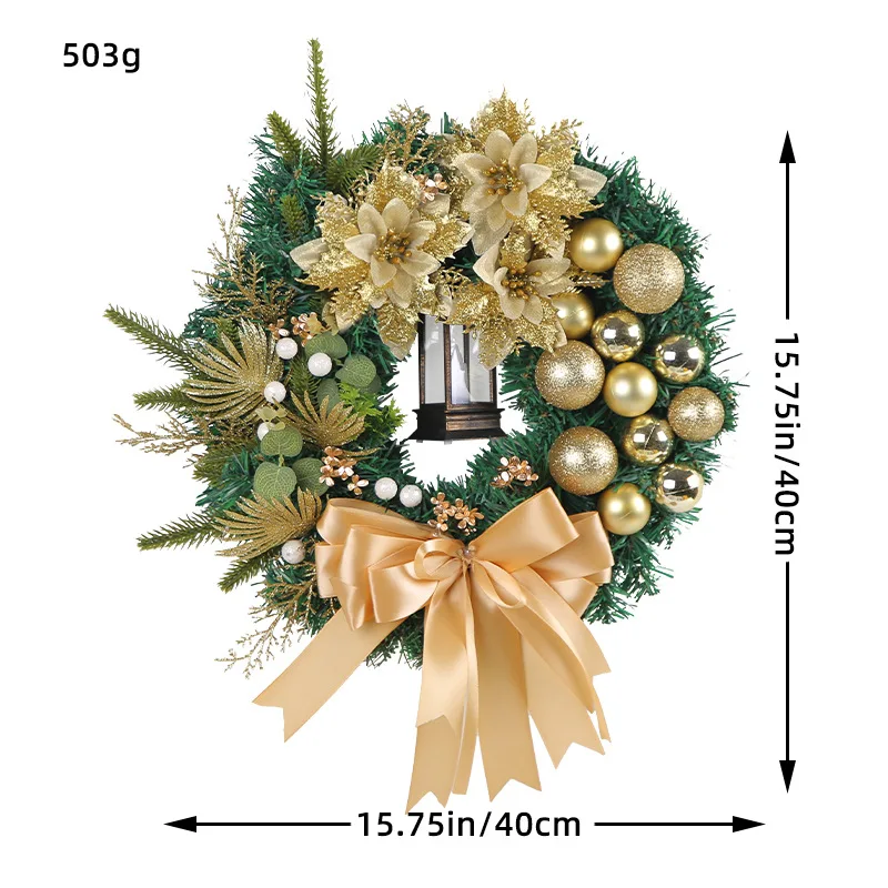 2024 Palla d'oro Fiore Ghirlanda di Natale Ghirlanda con luce per la porta d'ingresso Albero di Natale Corona di pino in rattan Ornamento appeso Capodanno