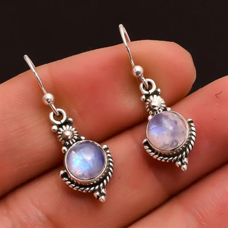 

Drop Pendant Earrings Antique Silver Earrings Creative Retro Moonstone Punk Style Seven Rainbow Gemstone Jewelry Ear Hook