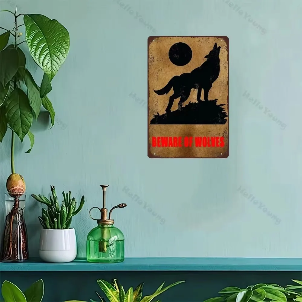 Безрамный ретро металлический постер BEWARE OF WOLVES — украшение в художественном стиле для охоты, добавляет форму флера до двора, фермы, горы и полевых настроек