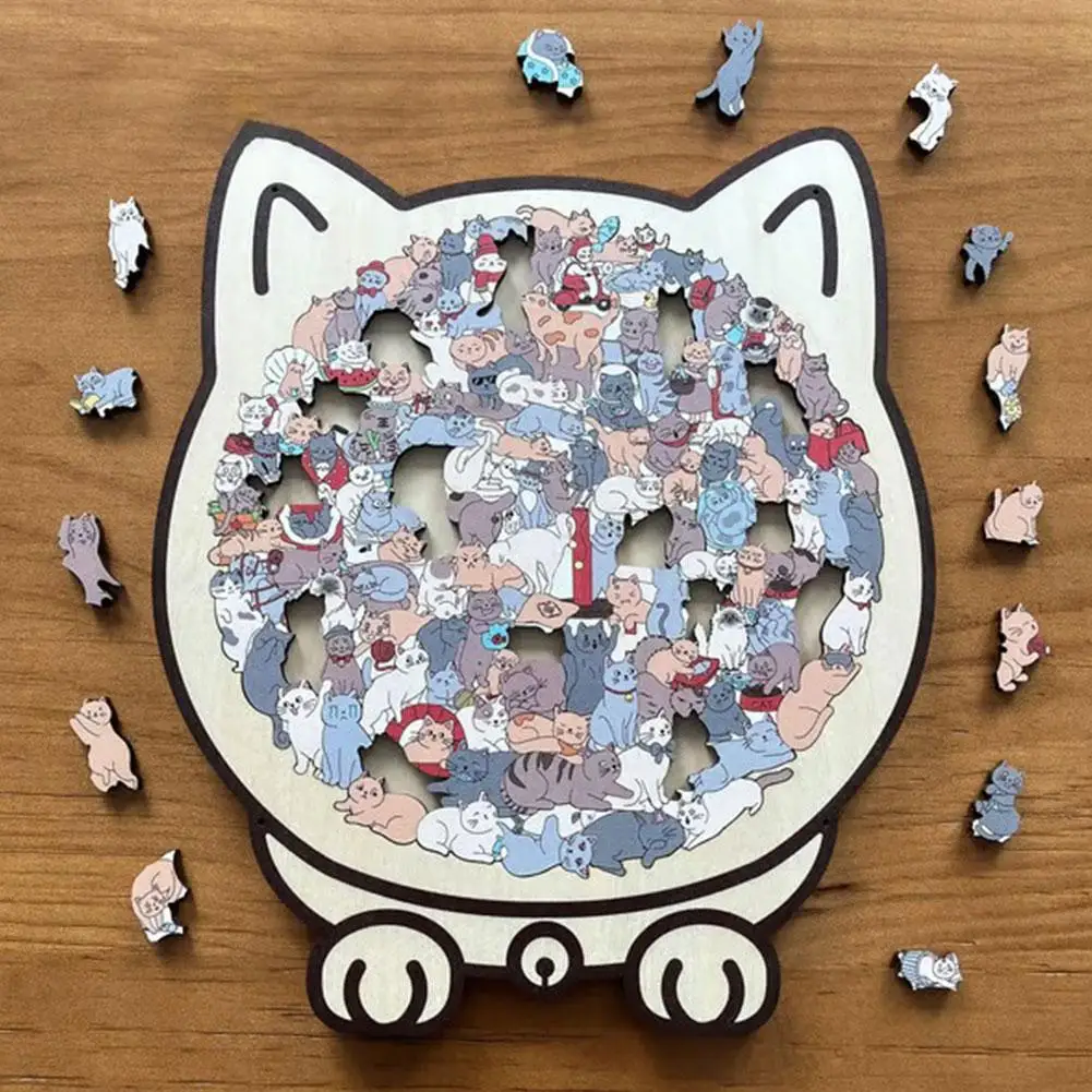 135 PC Cat-shaped Wooden Jigsaw Puzzle Unique Irregular Puzzle Pieces Game Birthday Xmas Gifts for Cat Lovers Home Decorations ﻿