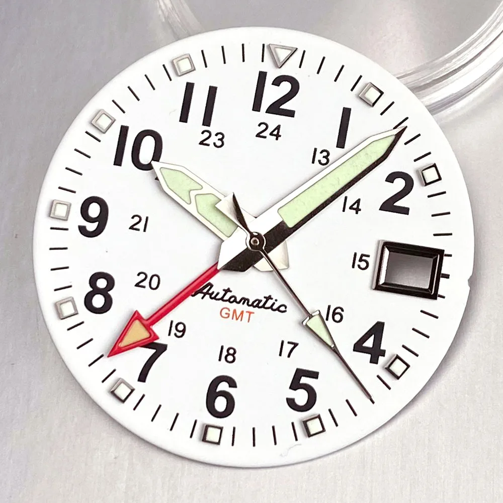 Tandorio 29mm GMT Retro Black/White 24-Hour Arabic Numeral Luminous Watch Dial fit NH34 NH34A Automatic Movement Watch Parts