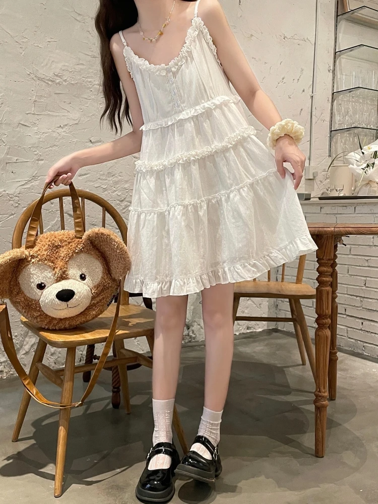 Summer Beach Tie Waist Sweet A-Line Strap Dr Women's Summer Vest Dr White Dr Cotton Gauze High Waist Button Detail