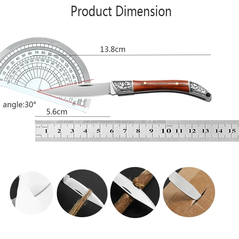 Cuchillo de bolsillo plegable de acero inoxidable, cuchillo de fruta con mango de madera, cuchillos multifuncionales para fácil transporte de