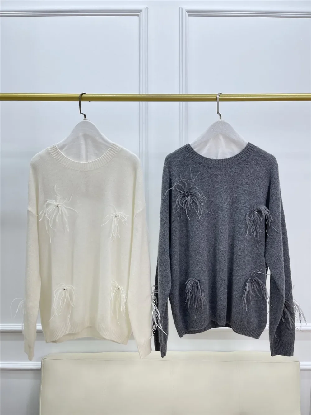 

Autumn Winter Women's Feather Sweater 100% Cashmere O-Neck Long Sleeve Fashion Ladies Knitted Pullover