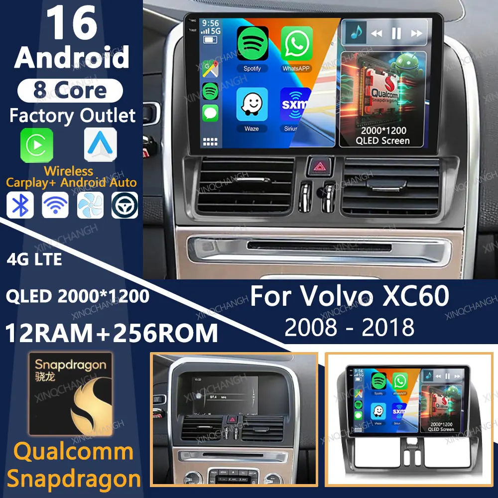 Android 16 Car Radio For Volvo XC60 Que 1 2008 - 2017 Head Unit 2DIN GPS Qualcomm 4G LTE 5G WIFI BT Carplay Auto QLED Navigation