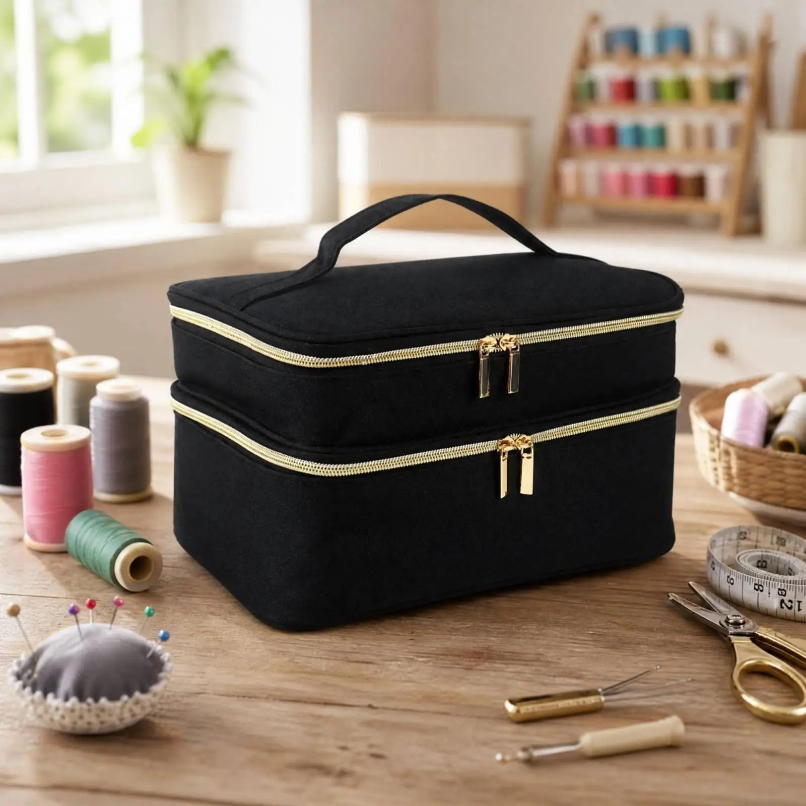 Large Sewing Accessories Storage Pouch for Seamstress with Elastic Tool Holders Pin Cushion for Workshop Travel