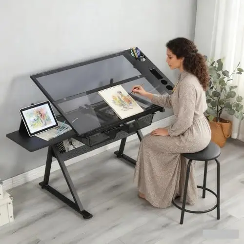Drafting Table, 0-75° Tilting Glass Tabletop Drawing Table with Stool - Adjustable Height Art Desk with Multi-Storage