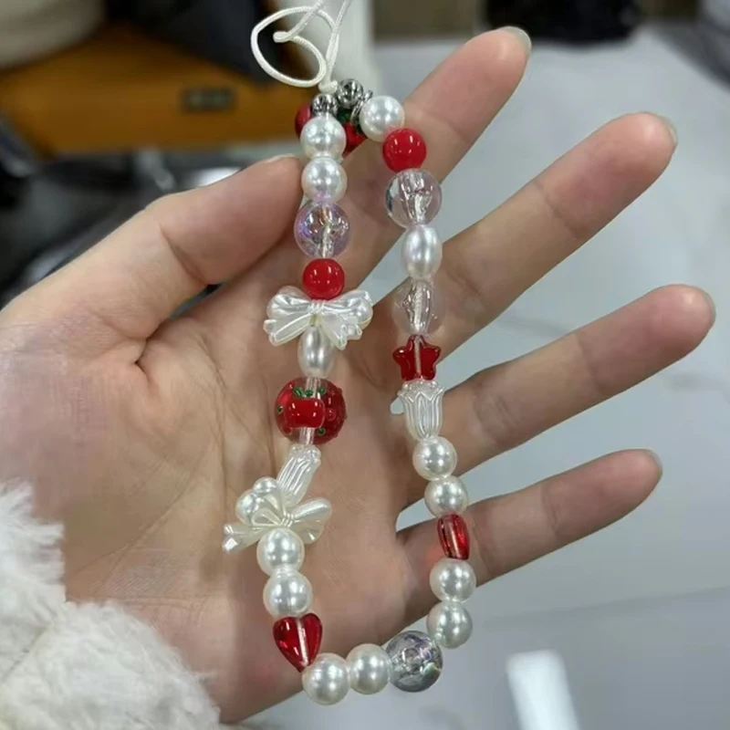 Korean Cute Red Cherry Bow Pearl Phone Chain Lanyard Charm Strap Wrist Bead Hanging Cord Bracelet Keychain For iPhone Girl Rope