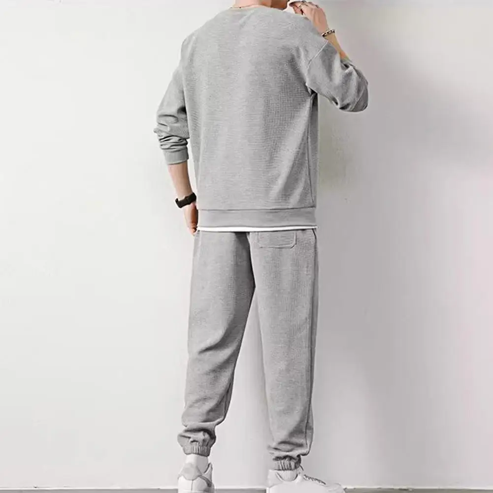 

New Men's Casual Fashionable And Comfortable Waffle Checkered Sportswear Set Spring And Summer Two-piece Set Long Trousers Set