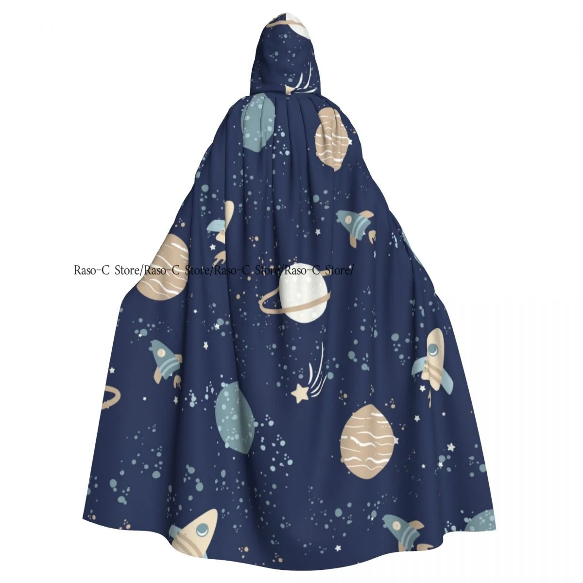 Unisex Witch Party Reversible Hooded Adult Vampires Cape Cloak Cartoon Space Rockets Planets And Stars