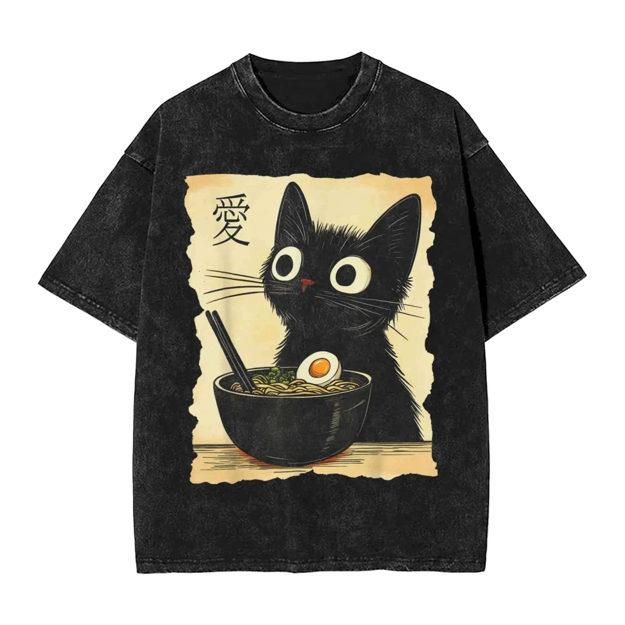 Japanese Ramen Cat T Shirt Men Women Funny Black Cat Eating Noodles Graphic Tee Washed Vintage Summer Top Harajuku Streetwear