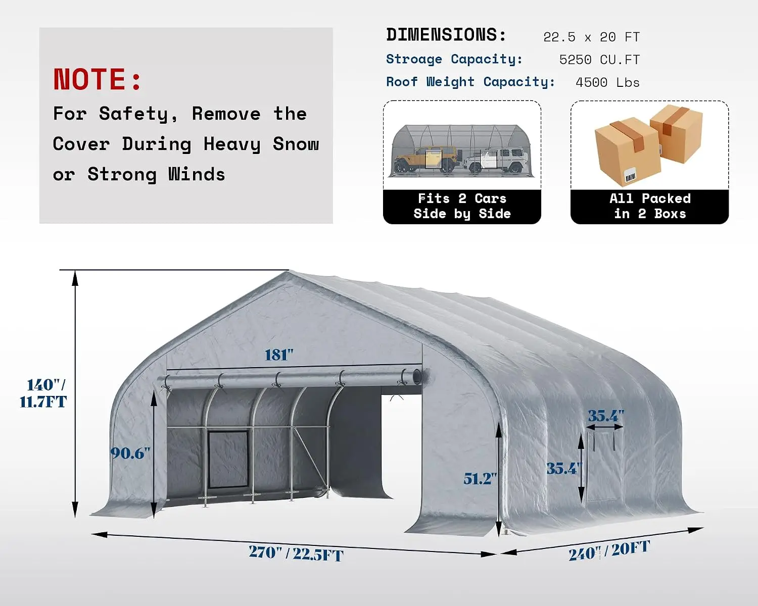 Waterproof Cover, Roll-Up Doors, UV Protection, Wind Resistant Shelter, Portable 2 Car Garage, Outdoor Vehicle Storage