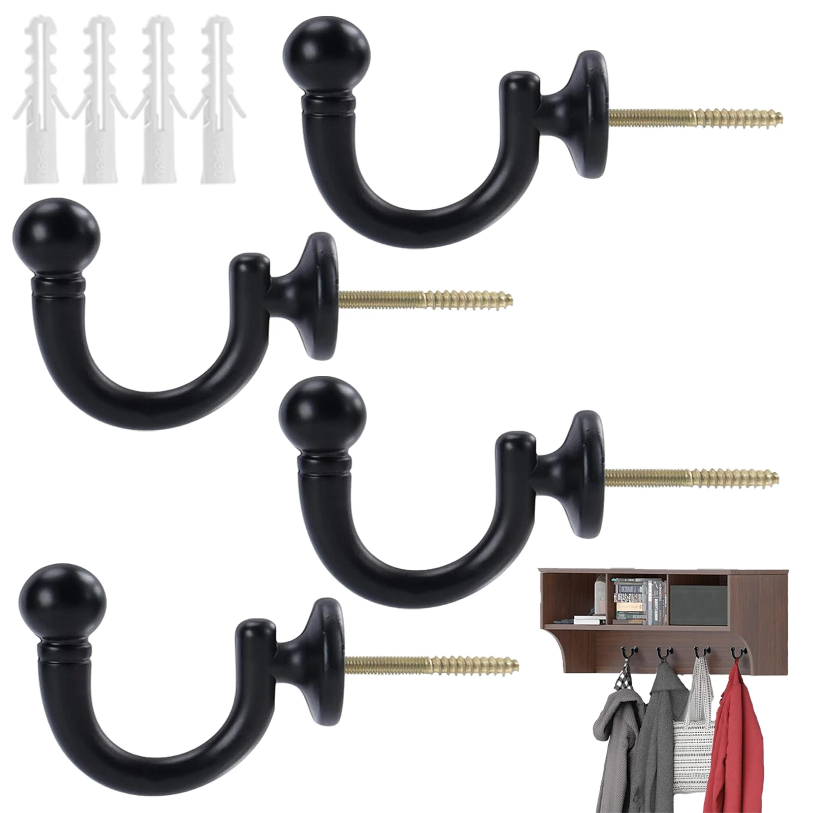 4pcs U Shaped Drapery Keys Coat Hanger Curtain Tieback Hook Towels Screw In