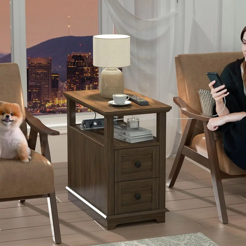 Narrow End Table with lip Top Charging Station and 2 Ders | Type-C & USB Port & Power outlets, Wooden Storage Cabinet, Side Tabl view 2
