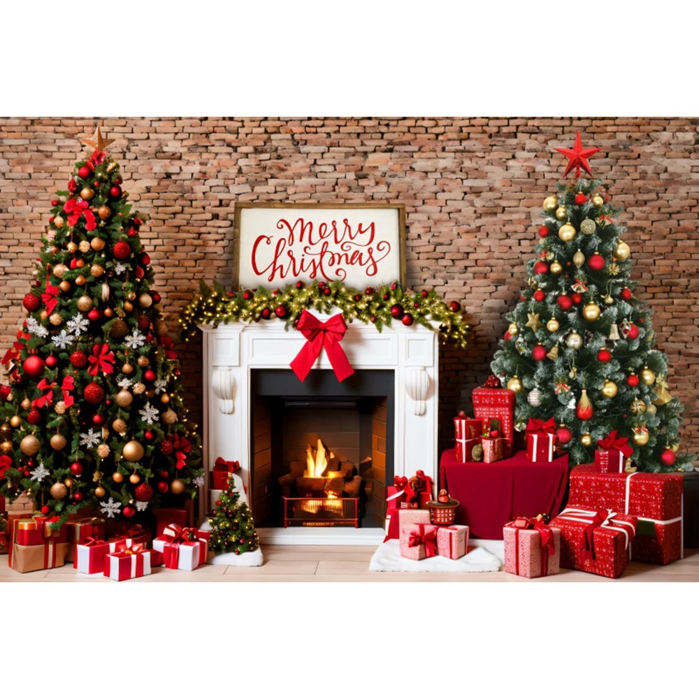 Christmas Tree Fireplace Backdrop Xmas Gifts Wreath Bell Brick Wall Kids Portrait Family Party Photography Background Room Decor