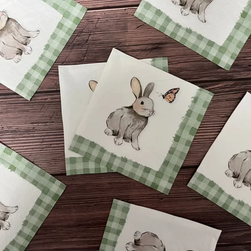 Servilletas de papel con estampado de conejo de pascua, manteles individuales de 3 capas, 25x25cm, a cuadros verdes, hecho a mano, hueso de mariposa, Bart, 20 piezas/Pac