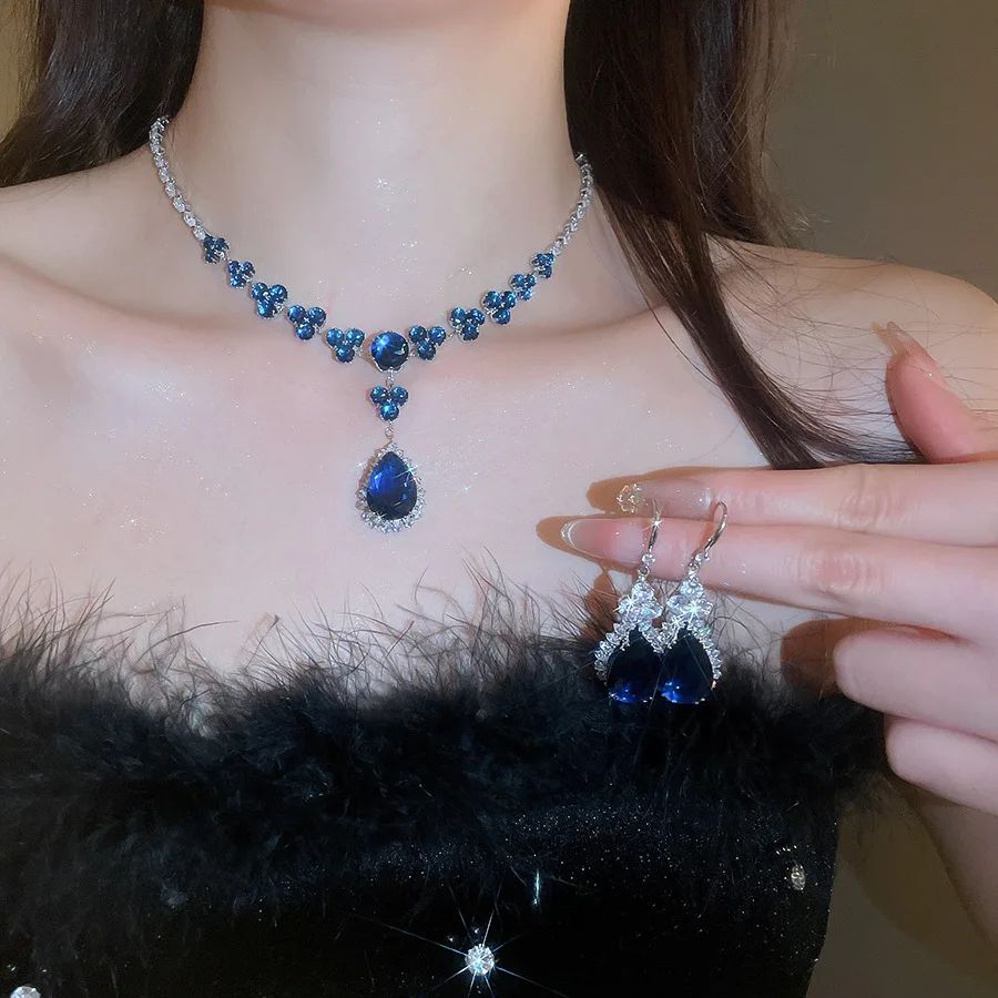 Luxury Blue Zircon Necklace Earrings for Wedding Bride Jewelry Sets Large Water Drop Pendant Necklace Drop Earrings for Party A