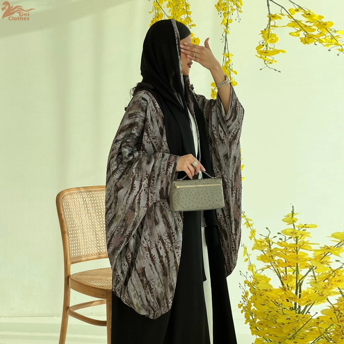 Uni nouveau musulman imprimé fleuri Dolman manches caftans Hijab inclus dubaï élégant décontracté ouvert Abayas Hijab vêtements femmes 2025
