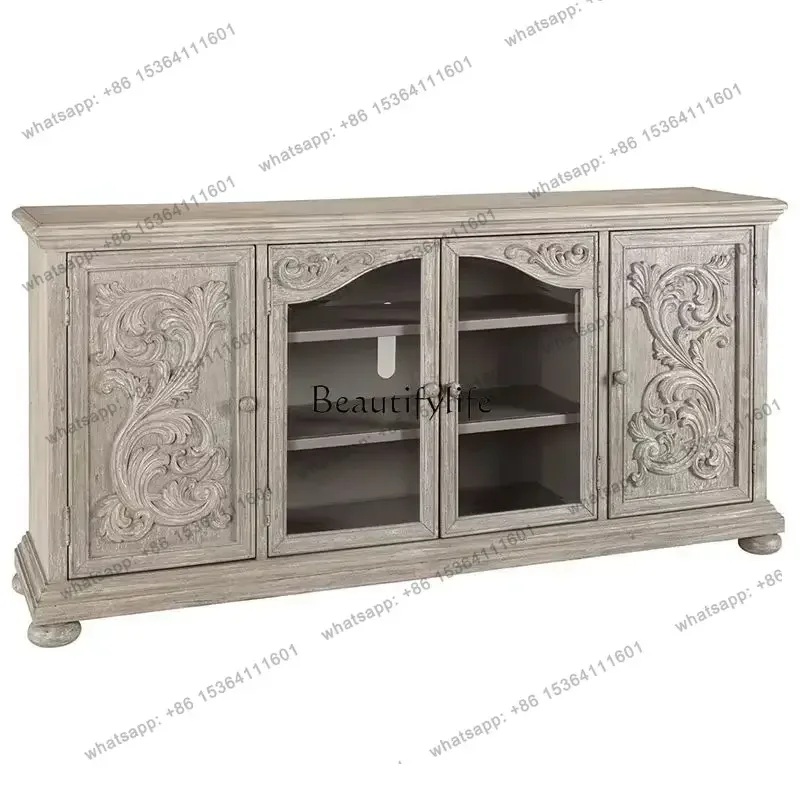

56French retro TV cabinet small apartment living room solid wood side cabinet American carved glass