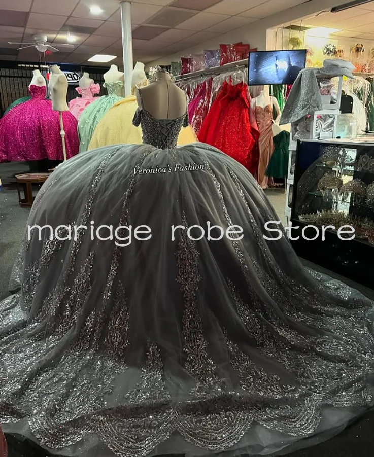 Zilver Sparkly Prinses Quinceanera Jurken Glitter Crystal Off Schouder Gezwollen Corset Lace-up Aangepaste vestidos de xv jaar