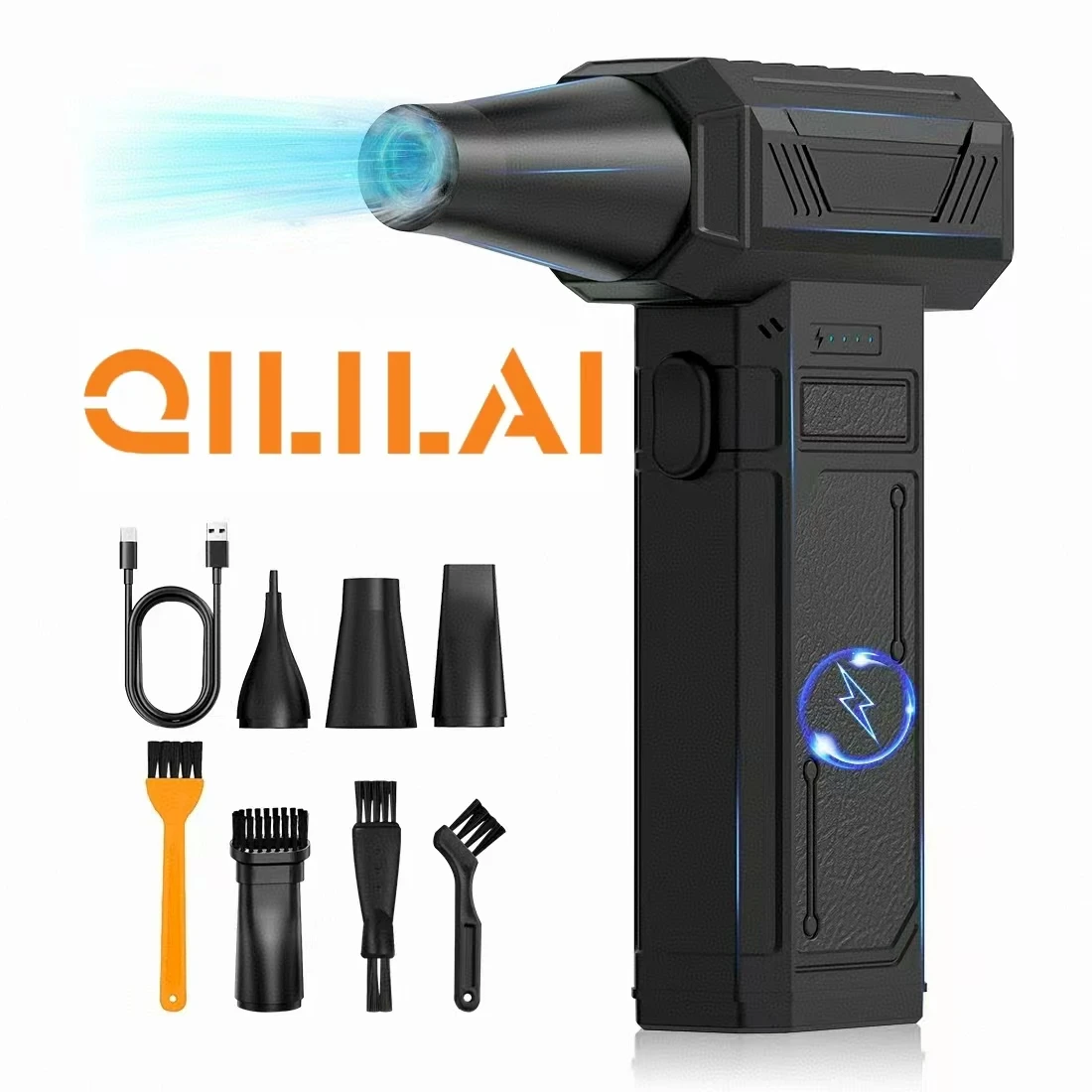 

QILILAI Upgraded Handheld Turbo Jet Fan，Multiple nozzles, LED light，150000RPM Powerful Compressed air Duster for Car/PC