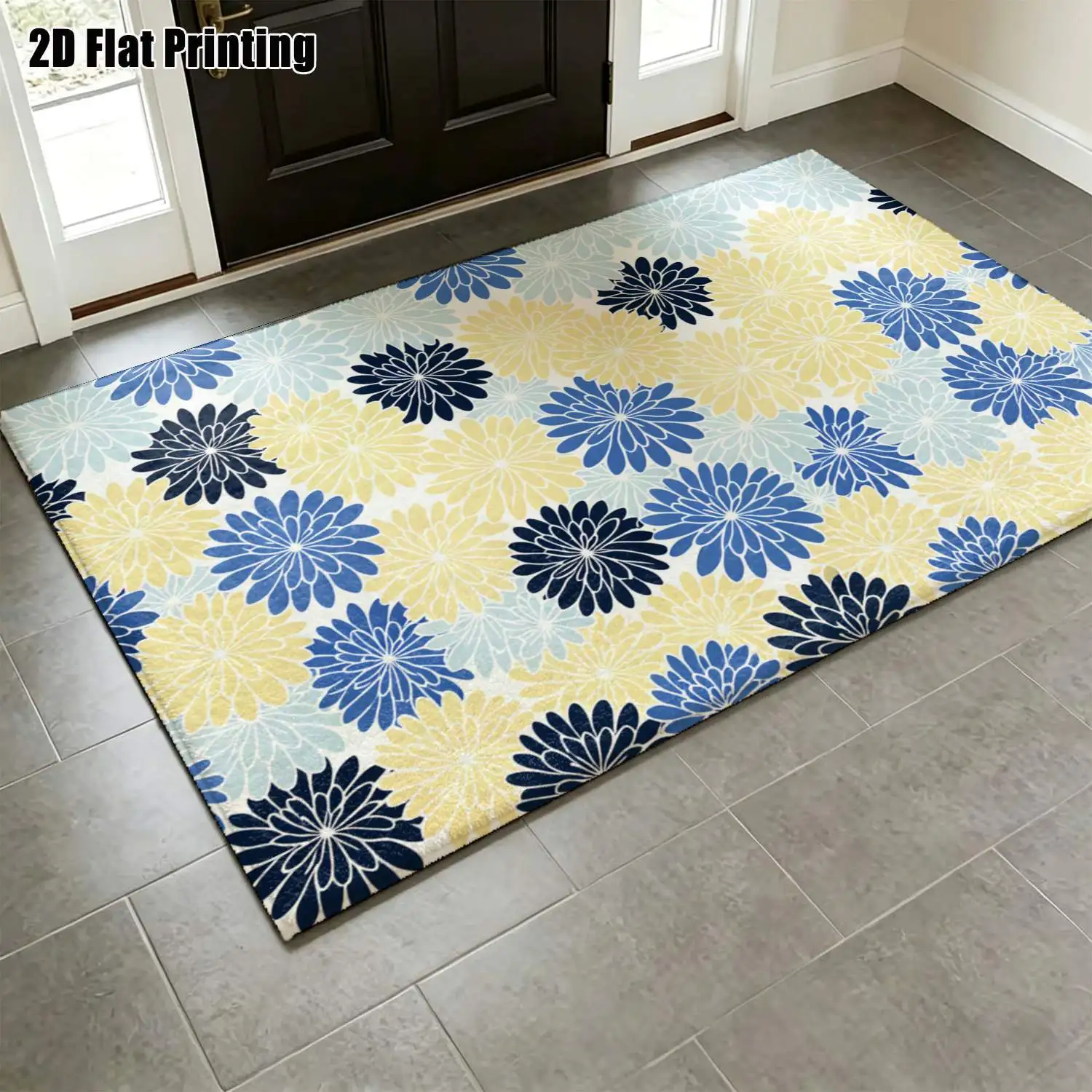 1Pc 2D Printed Blue-Yellow Flower Nordic Carpet, Instagram-Inspired Modern Minimalist Geometric Striped Floor Mat, Multi-Size Machine Washable Home Decor for Entrance, Dining Room, Foyer, Bedroom, Living Room
