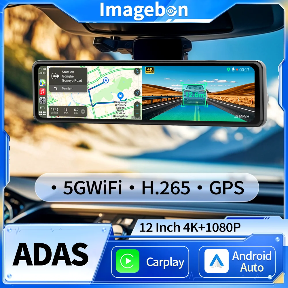 Imagebon 12 Inch 4K Car Mirror Wireless CarPlay Android Auto ADAS Rearview Mirror Camera GPS AUX FM Night Vision Video Recorder