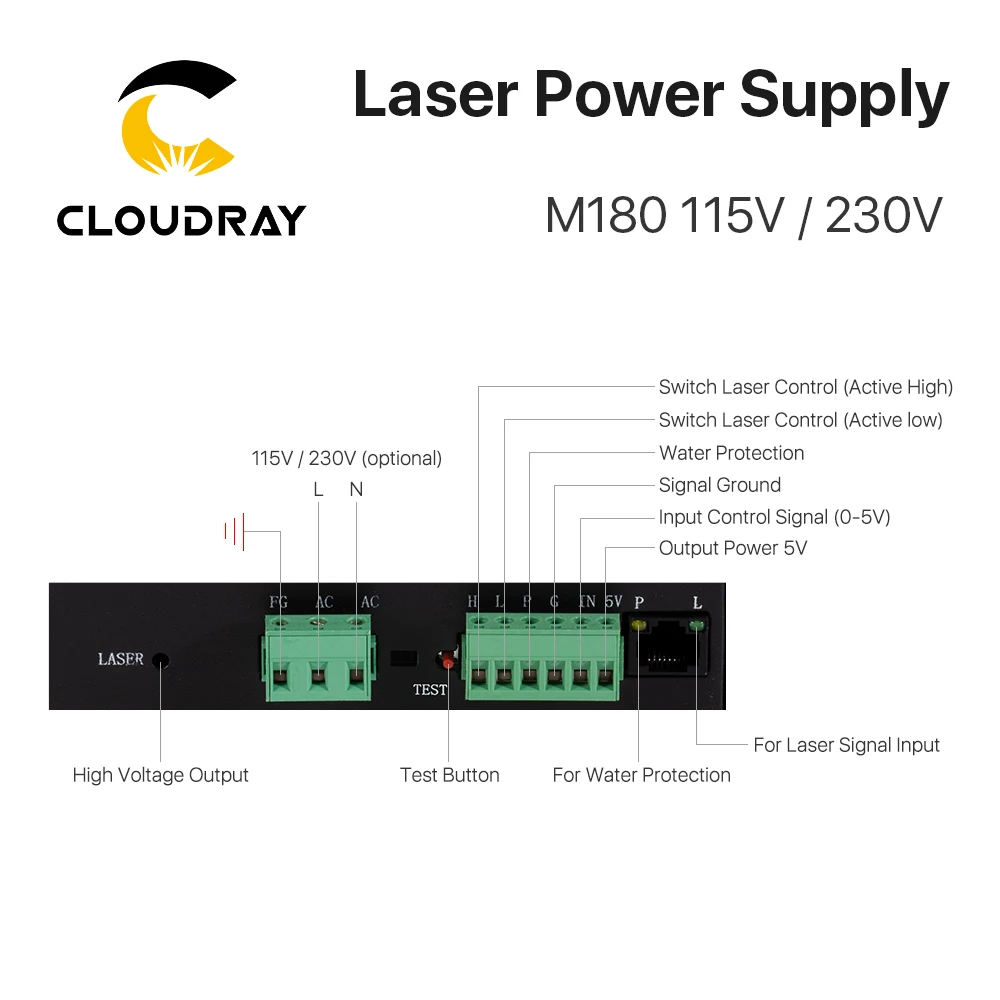 Imagem -05 - Cloudray 180w Co2 Fonte de Alimentação do Laser M180 115v 230v Tubo do Laser Equipamentos Energia para Co2 Gravação a Laser Máquina Corte