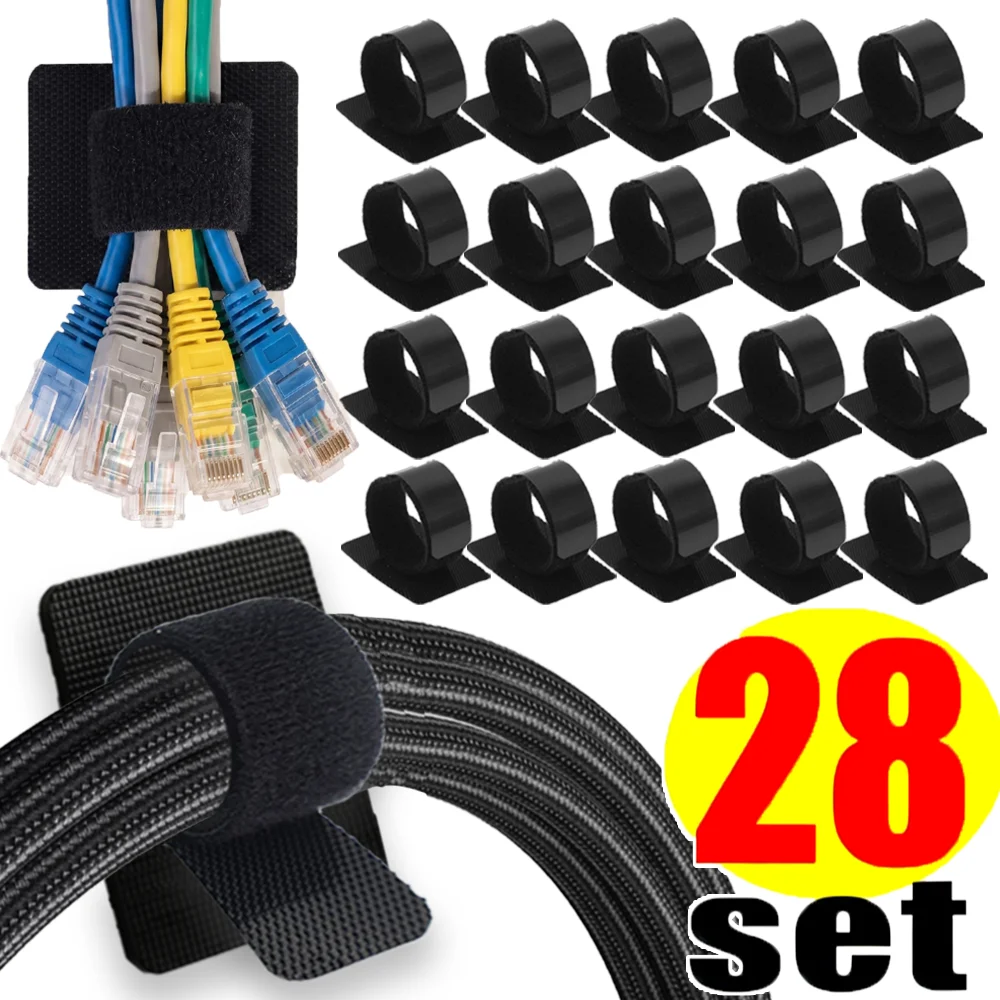 4-28Sets Cable Management Under Desk Wire Holder Cord Organizer Adjustable Hook and Loop Self-Adhesive Cable Ties Cables Holders