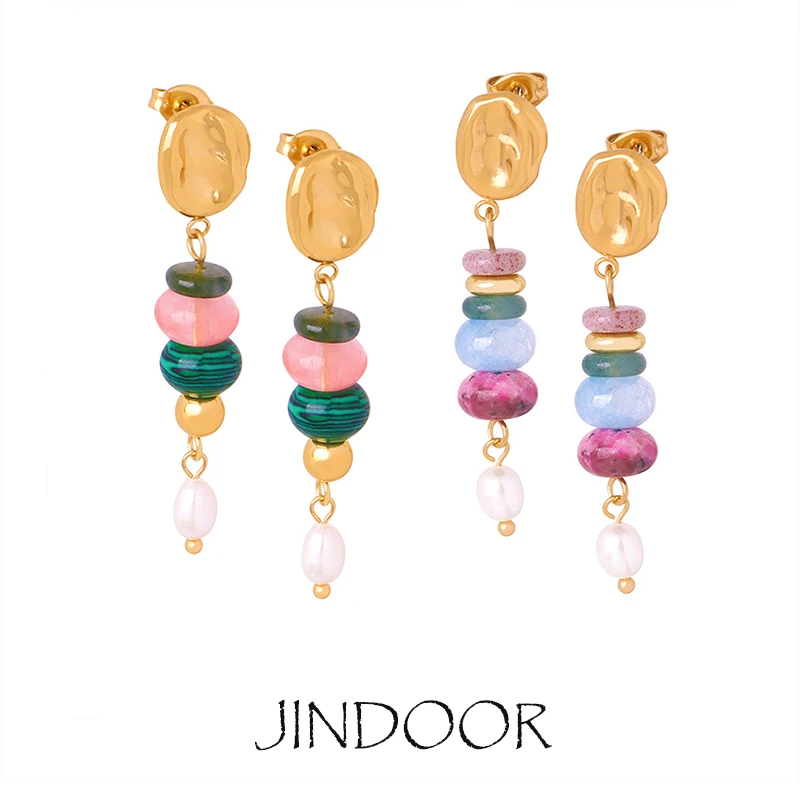 JINDOOR Titanium Steel Plated 18 Gold Vintage Baroque Natural Stone Pendant Tassel Faux Pearl Earrings For Women