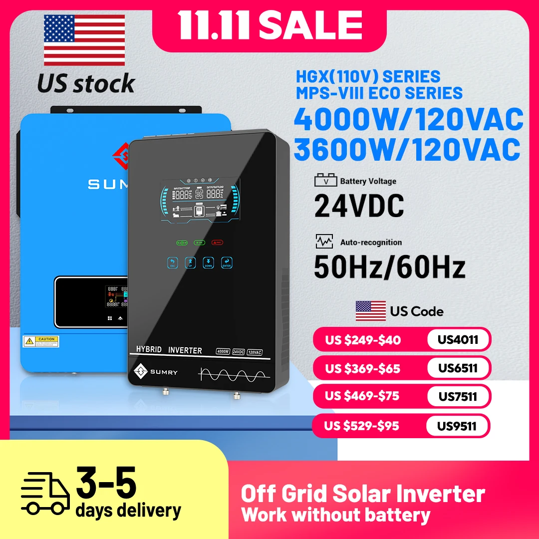 

Sumry 3600 Вт/4000 Вт гибридный солнечный инвертор 24 В 110/120 В чистый синусоидальный инвертор 50/60 Гц защита от короткого замыкания