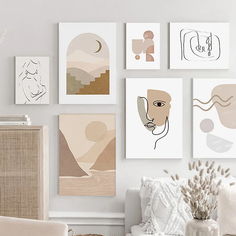

Abstract Line Art Canvas Poster Beige Brown Face Mountain Painting Living Room Wall Decor Minimalist Home Picture Print